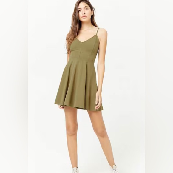 Strappy Skater Dress Olive Strappy Back Mini Stretchy Tank Peplum fit & flare S - Picture 2 of 13
